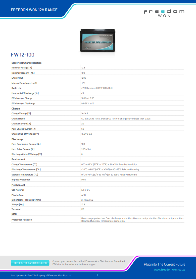 Freedom Won LiFePO4 Lithium Ion 12V - 100AH - FW 12-100